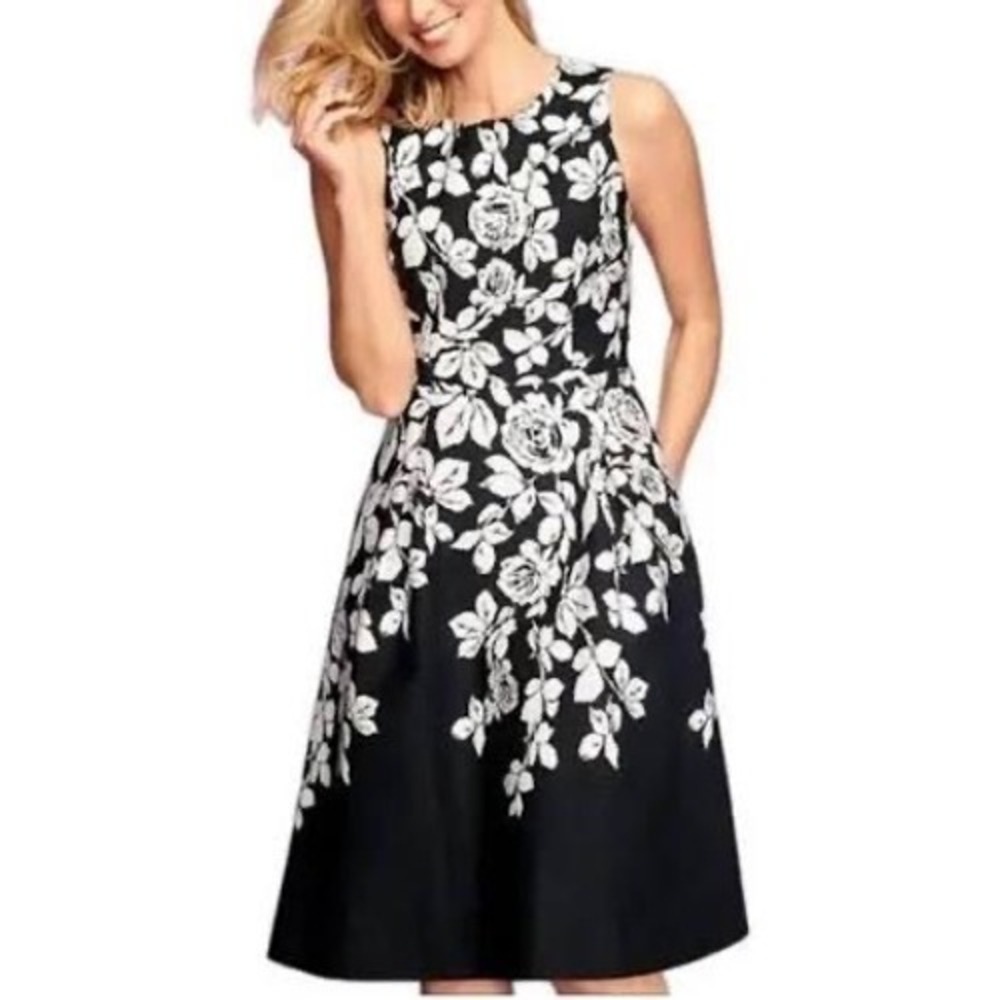 Talbots Black White Floral Rose Fit Flare Dress Sleeveless‎ Cotton Size 6